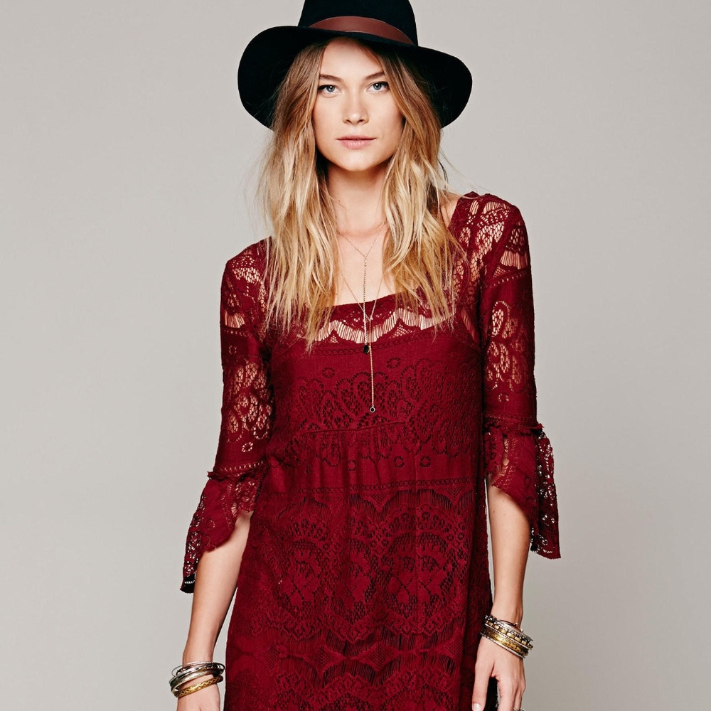 Free People Wine Lace Belle Sleeve Dress Sz S